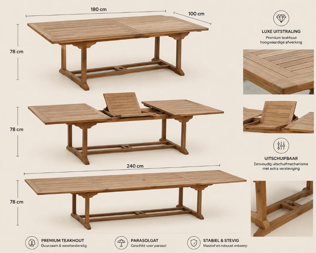 Tuinset TUINTAFELS  Massief Teakhout | Direct Leverbaar, Tuin en Terras, Ophalen, Nieuw, Rechthoekig, Teakhout