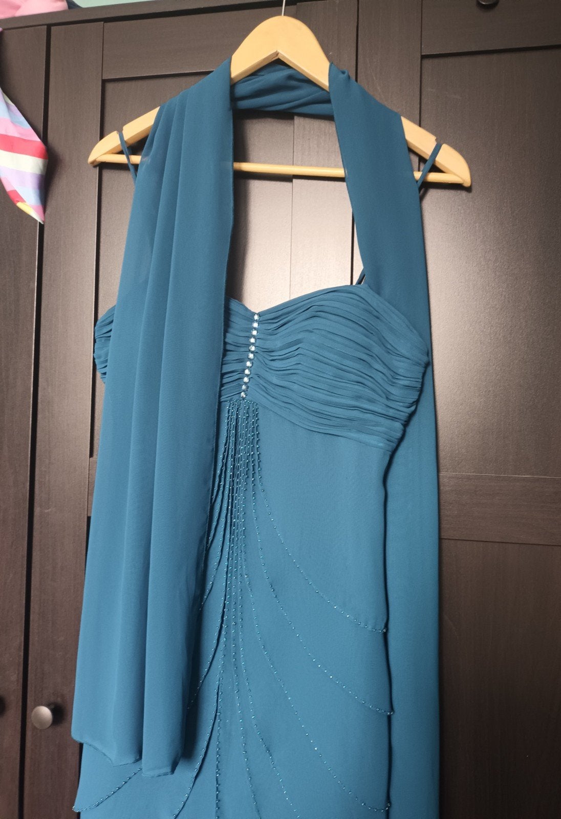 Elegante turquoise avondjurk met sjaal, maat 38/40 (M), Maat 38/40 (M), Blauw, Ophalen of Verzenden, Zo goed als nieuw