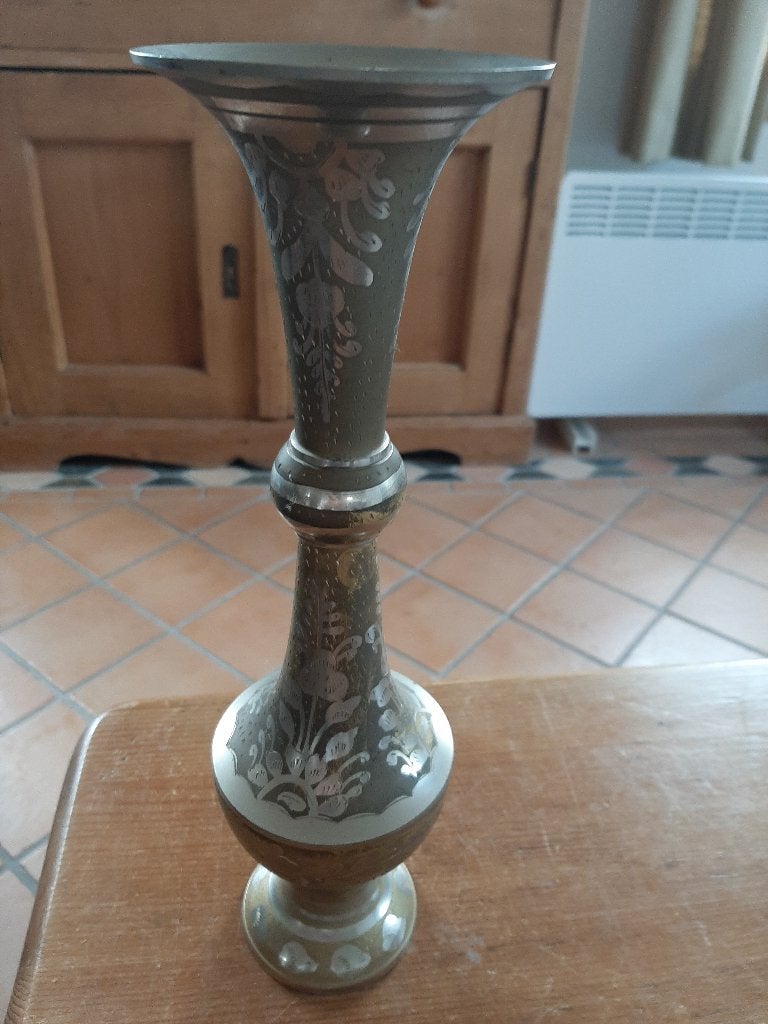 Vintage Indiase vaas van ge-etst messing uit de jaren 40, Ophalen of Verzenden
