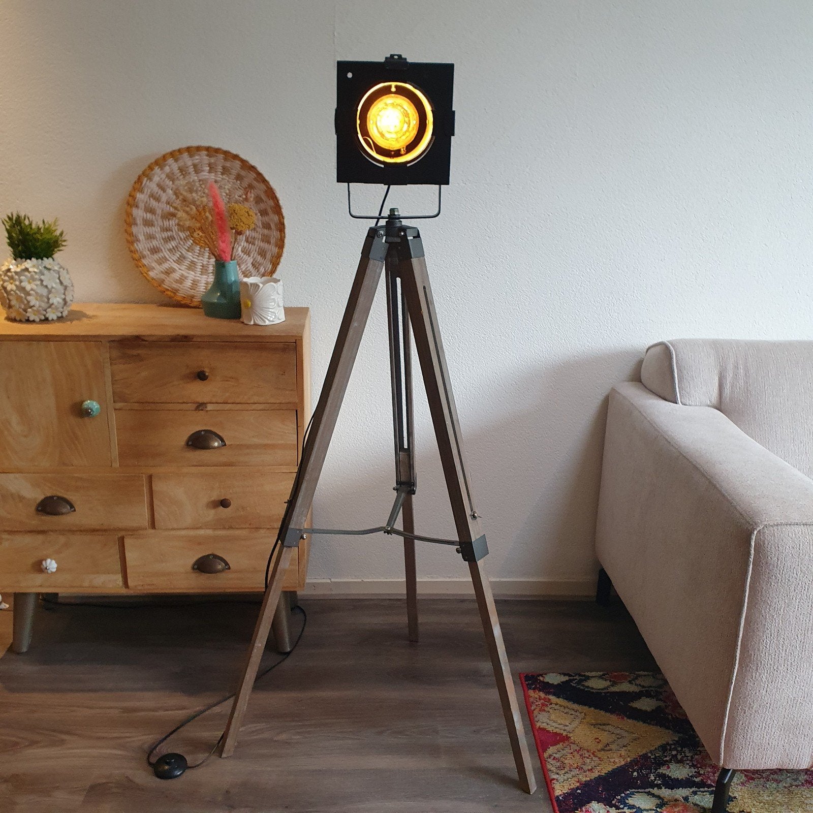Theaterlamp - PAR Lamp - Vloerlamp - Houten Statief - Vintag, Huis en Inrichting, Lampen | Vloerlampen, Gebruikt, 100 tot 150 cm