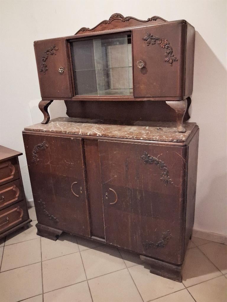 vintage retro , kast met vitrine marmer tablet 180x130x48 cm, Ophalen, Gebruikt, 25 tot 50 cm