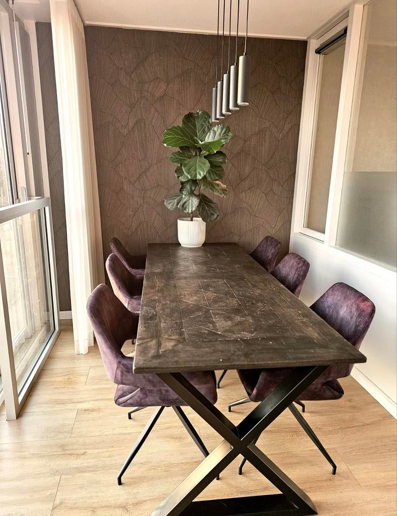 Robuuste eettafel 220x80 cm met metalen X-poten, Huis en Inrichting, Tafels | Eettafels, Gebruikt, 50 tot 100 cm, 200 cm of meer