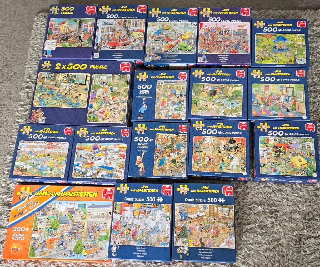18 Legpuzzels 500 stukjes Jan van Haasteren 3 euro per doos, Ophalen, 500 t/m 1500 stukjes, Gebruikt, Legpuzzel