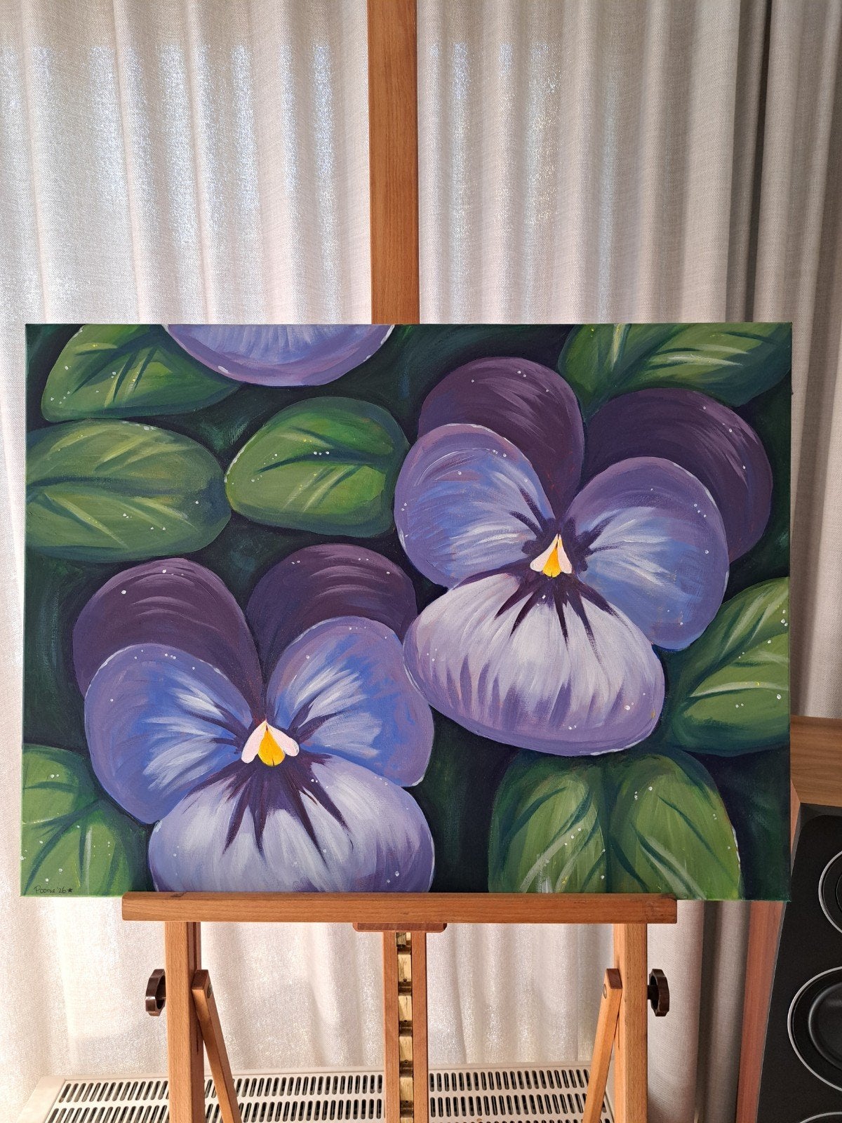 Origineel schilderij violen paars groen, Antiek en Kunst, Ophalen of Verzenden, Handgeschilderd, Acrylverf, Bloemen
