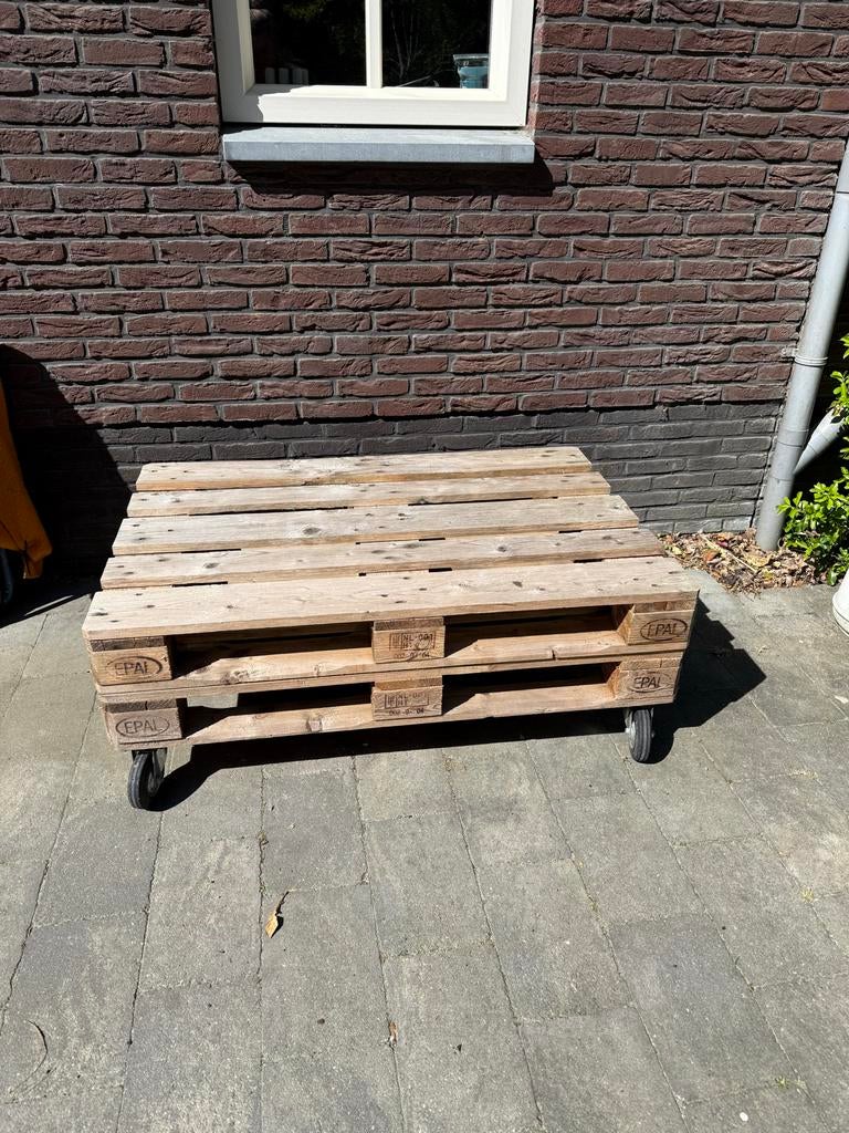 Pallet tafeltje/bankje op wielen, Ophalen, Gebruikt, 100 tot 150 cm, 50 tot 100 cm