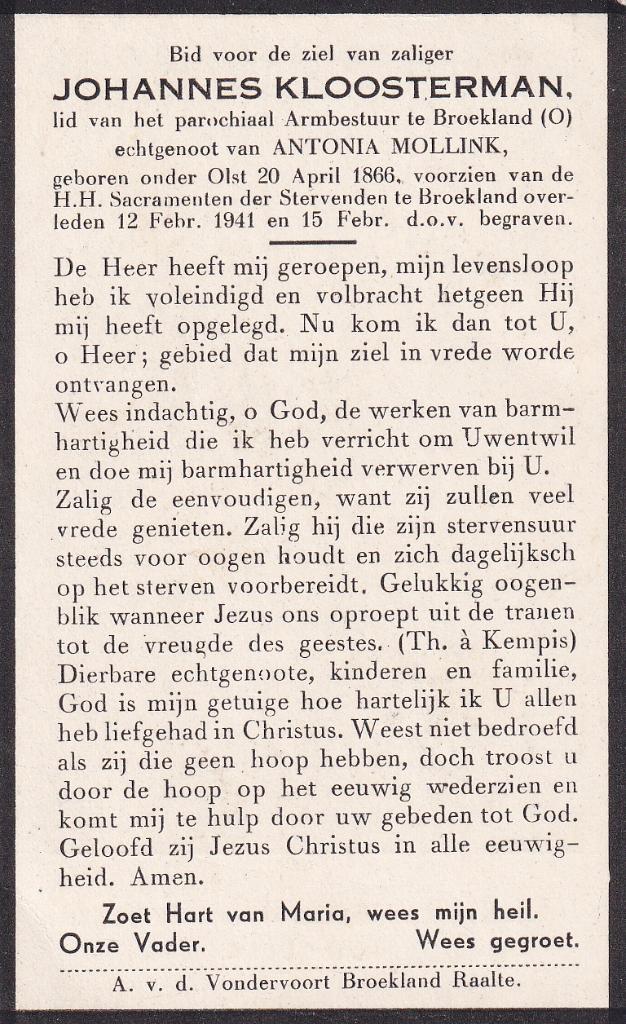 Kloosterman Johannes 1866 Olst 1941 Broekland, Ophalen of Verzenden, Bidprentje