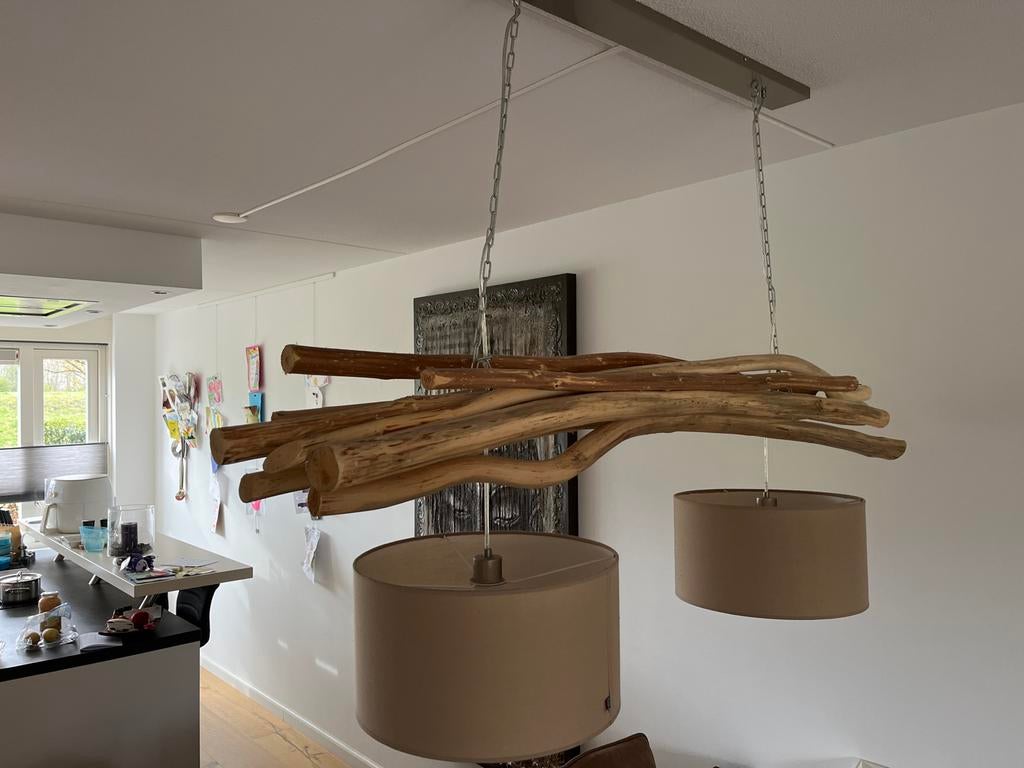 Hanglamp met drijfhout en stoffen kappen, Ophalen of Verzenden, Zo goed als nieuw, Hout, 75 cm of meer