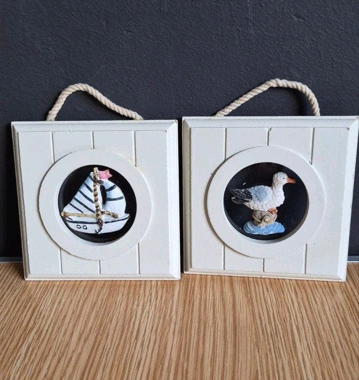 Set van 2 maritieme wanddecoraties: boot en meeuw, Hout, Gebruikt, Overige stijlen, Ophalen of Verzenden