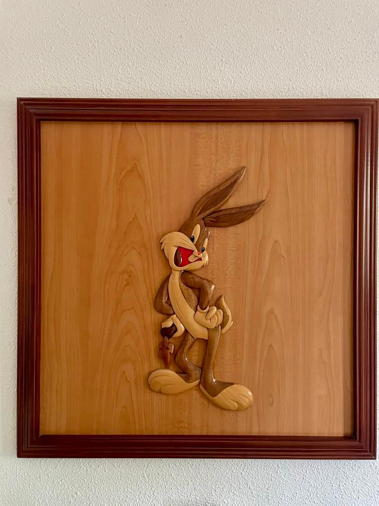 Bugs Bunny Houtsnijwerk - Wanddecoratie 60x60cm, Overige onderwerpen, Handgemaakt, Wanddecoratie, Hout