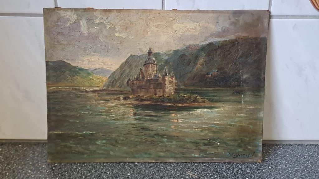 Antiek olieverfschilderij kasteel aan het water, Ophalen of Verzenden