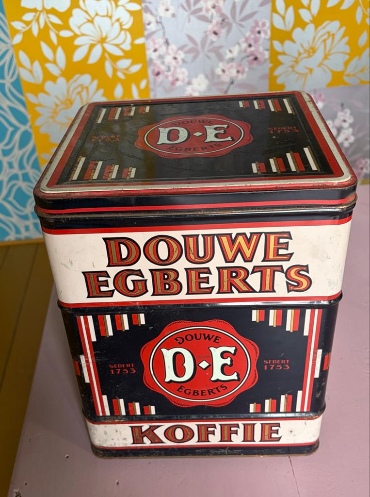 Groot Vintage Douwe Egberts Koffieblik Zwart-Rood Jaren '80/, Verzamelen, Blikken, Ophalen, Gebruikt, Koffie, Douwe Egberts