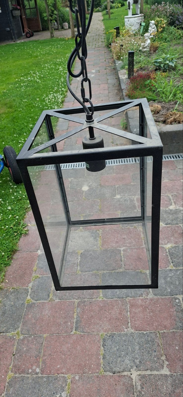 Zwarte metalen lantaarn met glas, hanglamp, Ophalen, E27 (groot), Glas, Industrieel, Modern, Klassiek