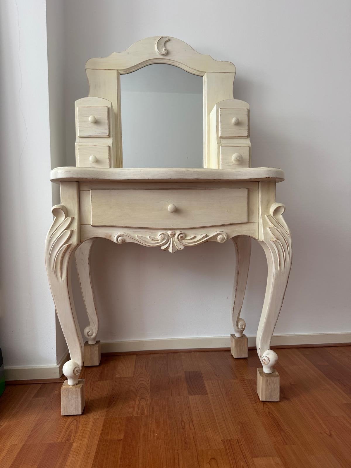 Crèmekleurige kaptafel met lades en spiegel, Ophalen, Gebruikt, 100 tot 150 cm, 50 tot 100 cm