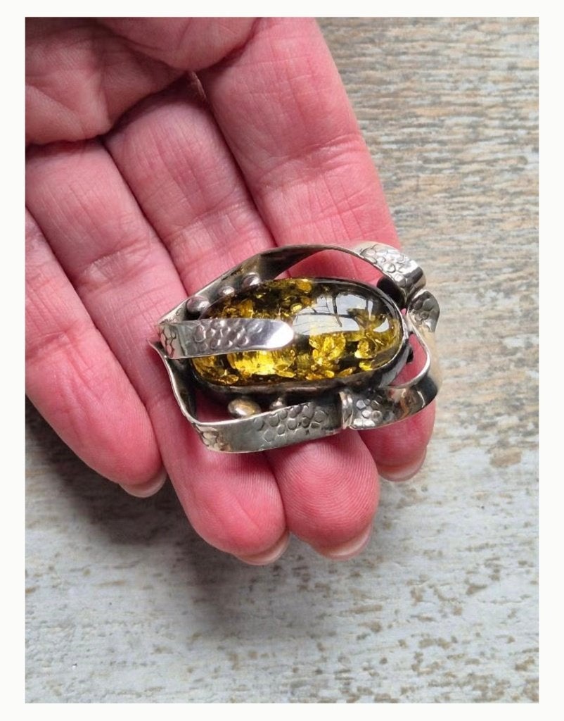 Unieke retro barnsteen broche – 925 zilver, Ophalen of Verzenden, Zo goed als nieuw, Met edelsteen, Zilver