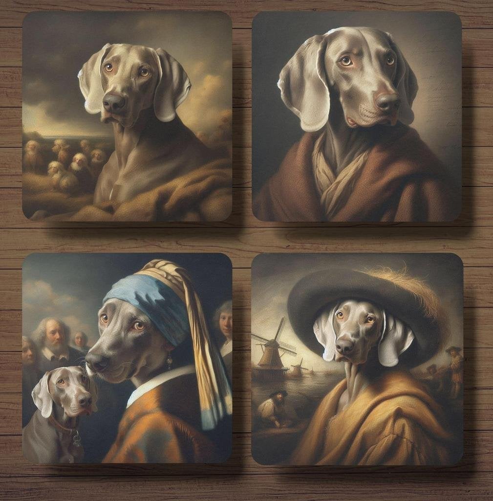 Weimaraner Rembrandt stijl onderzetters met houder, Ophalen of Verzenden, Nieuw