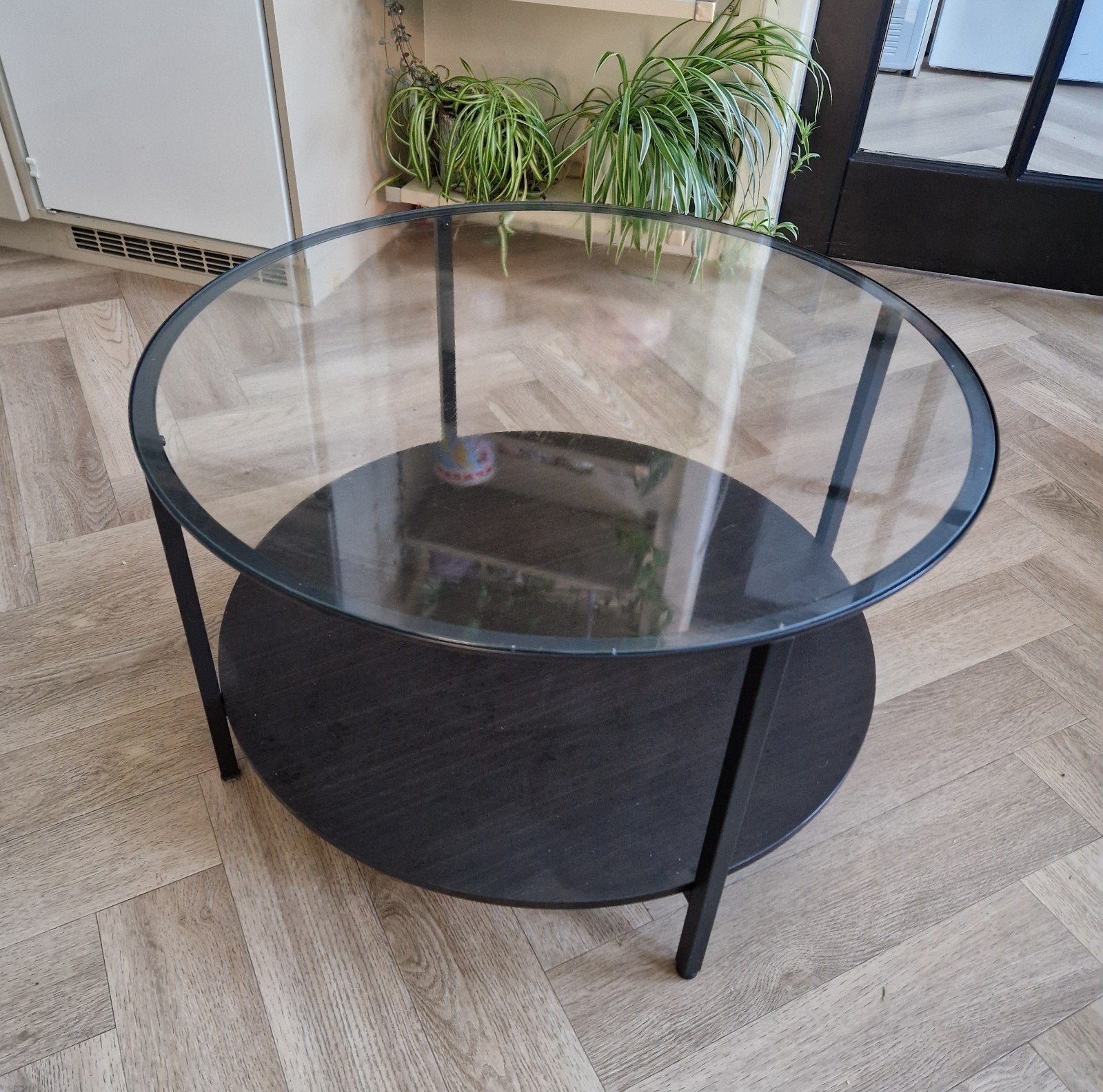 Glazen salontafel houten onderblad dia 75 cm jysk kwantum, Ophalen, 50 tot 100 cm, Rond, 50 tot 100 cm