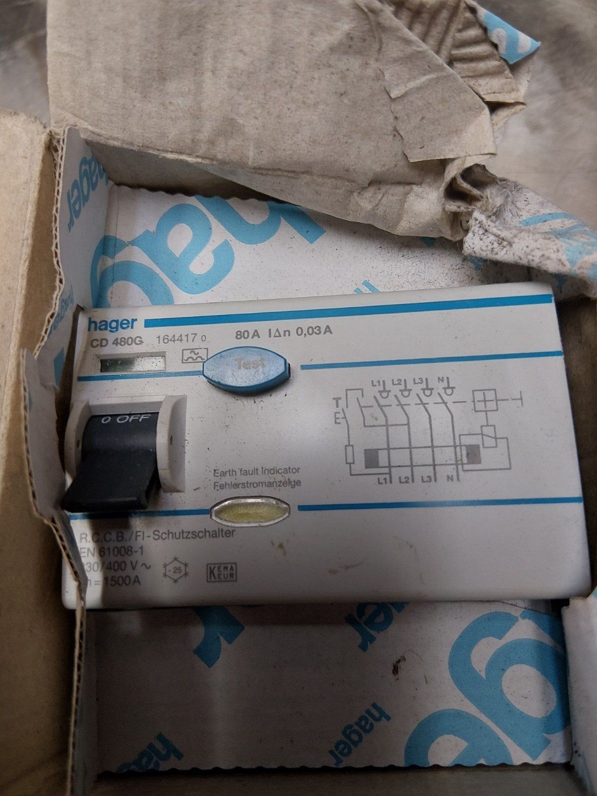 Hager Aardlekschakelaar 80A 300mA 4P CP480G, Ophalen of Verzenden, Nieuw, Hager, Aardlekschakelaar