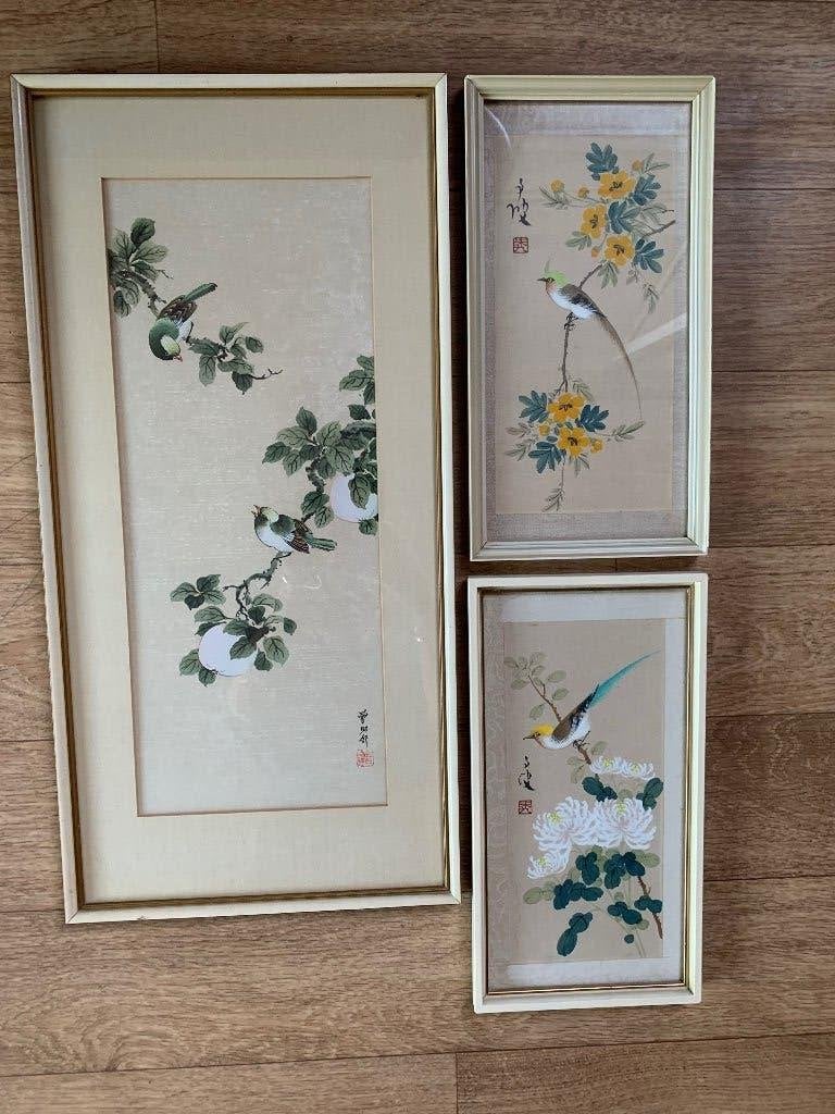 Set vogels op zijde Chinees, Ophalen of Verzenden, China, Meerkleurig, Schilderij