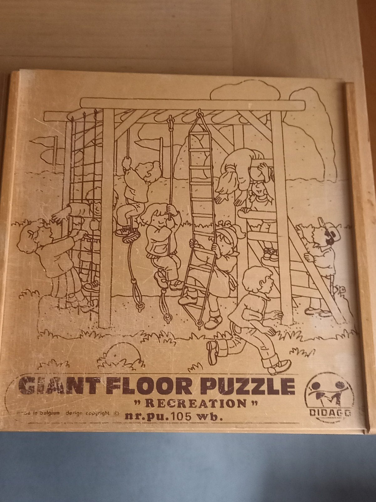 2 ANTIEKE HOUTEN DIDAGO GIANT FLOOR ( BELGIË) PUZZLE BOXEN M, Ophalen of Verzenden, Gebruikt