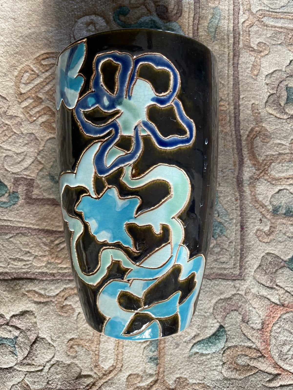 Unieke handgemaakte vaas met blauw glazuur, Ophalen of Verzenden
