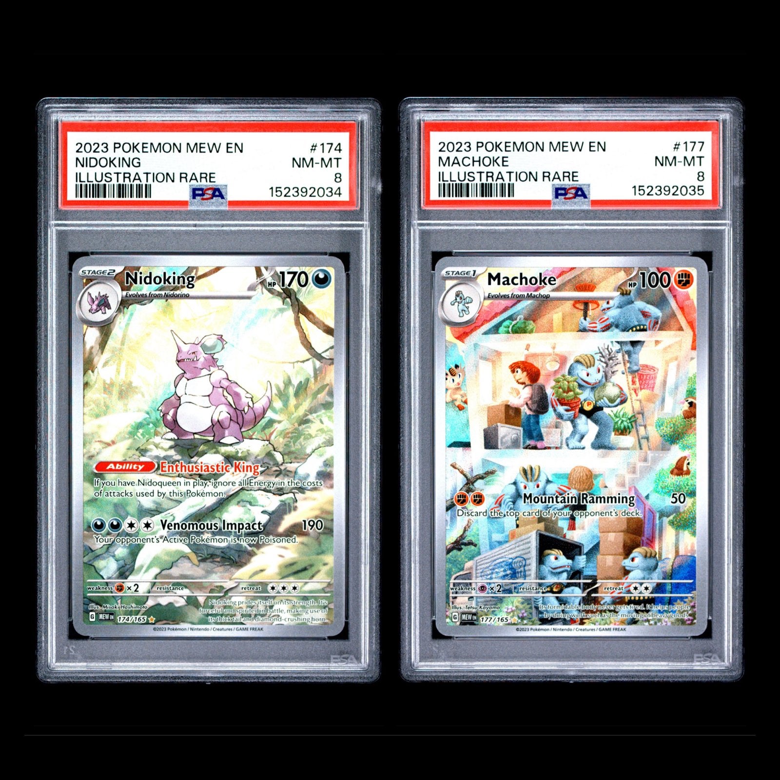 PSA 8 Nidoking + Machoke Pokemon Mew EN Illustration Rare, Ophalen of Verzenden, Zo goed als nieuw, Losse kaart