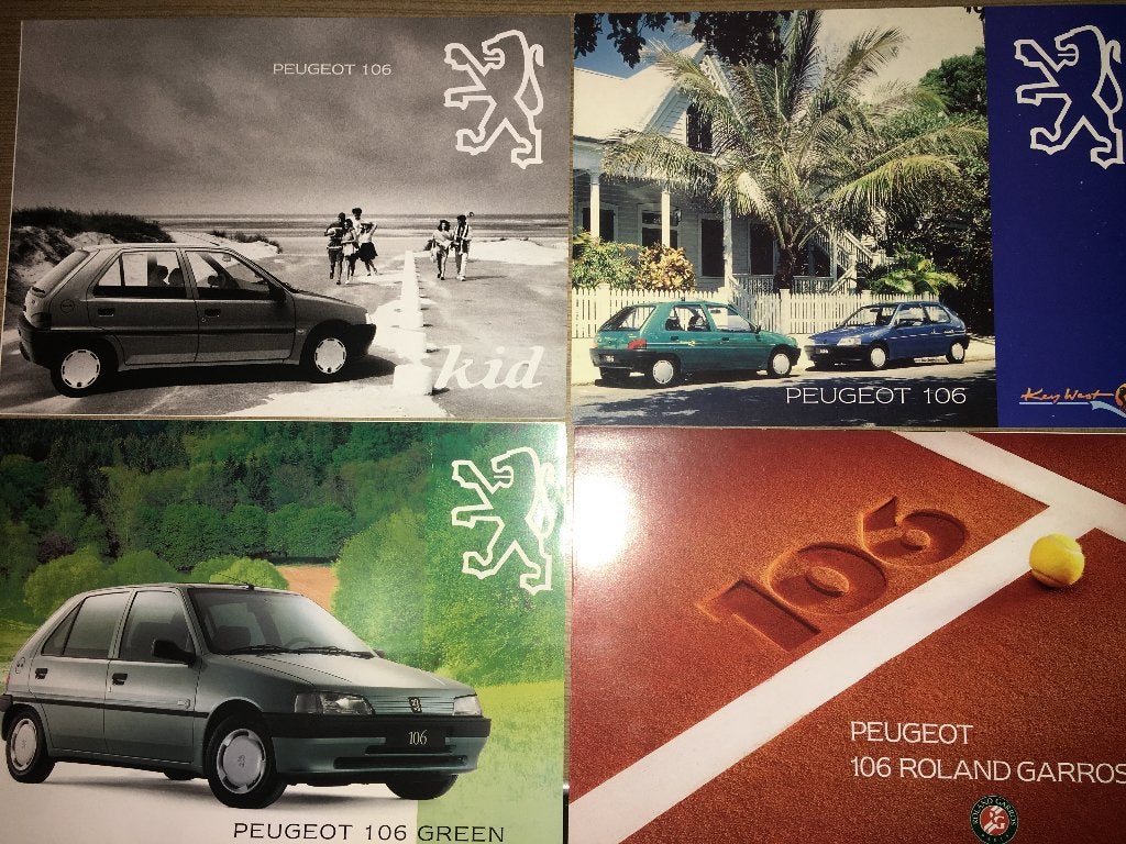 11x Peugeot 106 aktiemodel folders brochures België + CH + D, Ophalen of Verzenden, Zo goed als nieuw, Peugeot