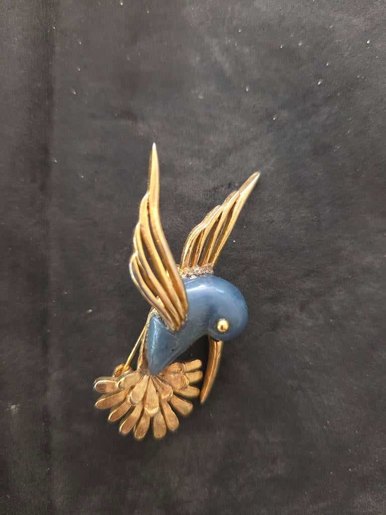 Vintage Kolibrie Broche - Blauw en Goudkleurig, Overige materialen, 4 tot 7 cm, Gebruikt, Blauw