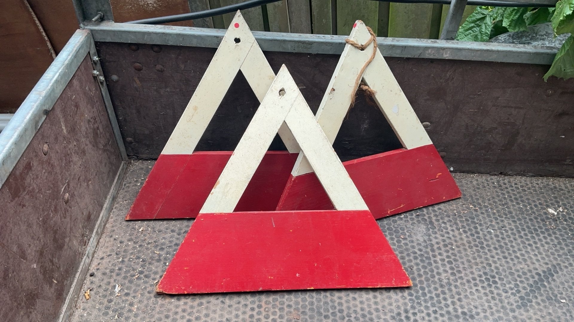 Antieke oude houten gevarendriehoek voor aanhanger, Ophalen of Verzenden