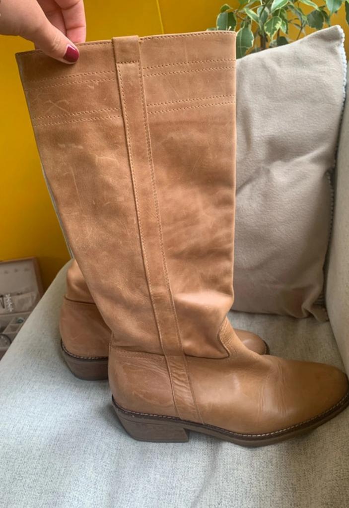 Vintage hoge leren laarsjes met hak, Ophalen, Hoge laarzen, Bruin, Zo goed als nieuw