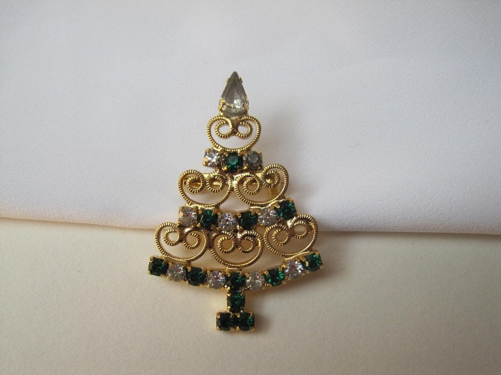 Broche kerstboom helder en groene rijnsteentjes, Met kristal, Overige materialen, Overige kleuren, Verzenden