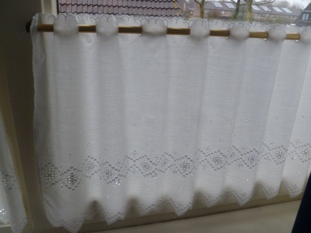 4 Vitrage stroken voor roe bevestiging., Gebruikt, Wit, Ophalen of Verzenden, 44 cm
