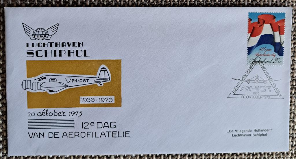 Envelop 12e dag Aerofilatelie SCHIPHOL 20 oktober 1973, Postzegels en Munten, Ophalen of Verzenden, Envelop