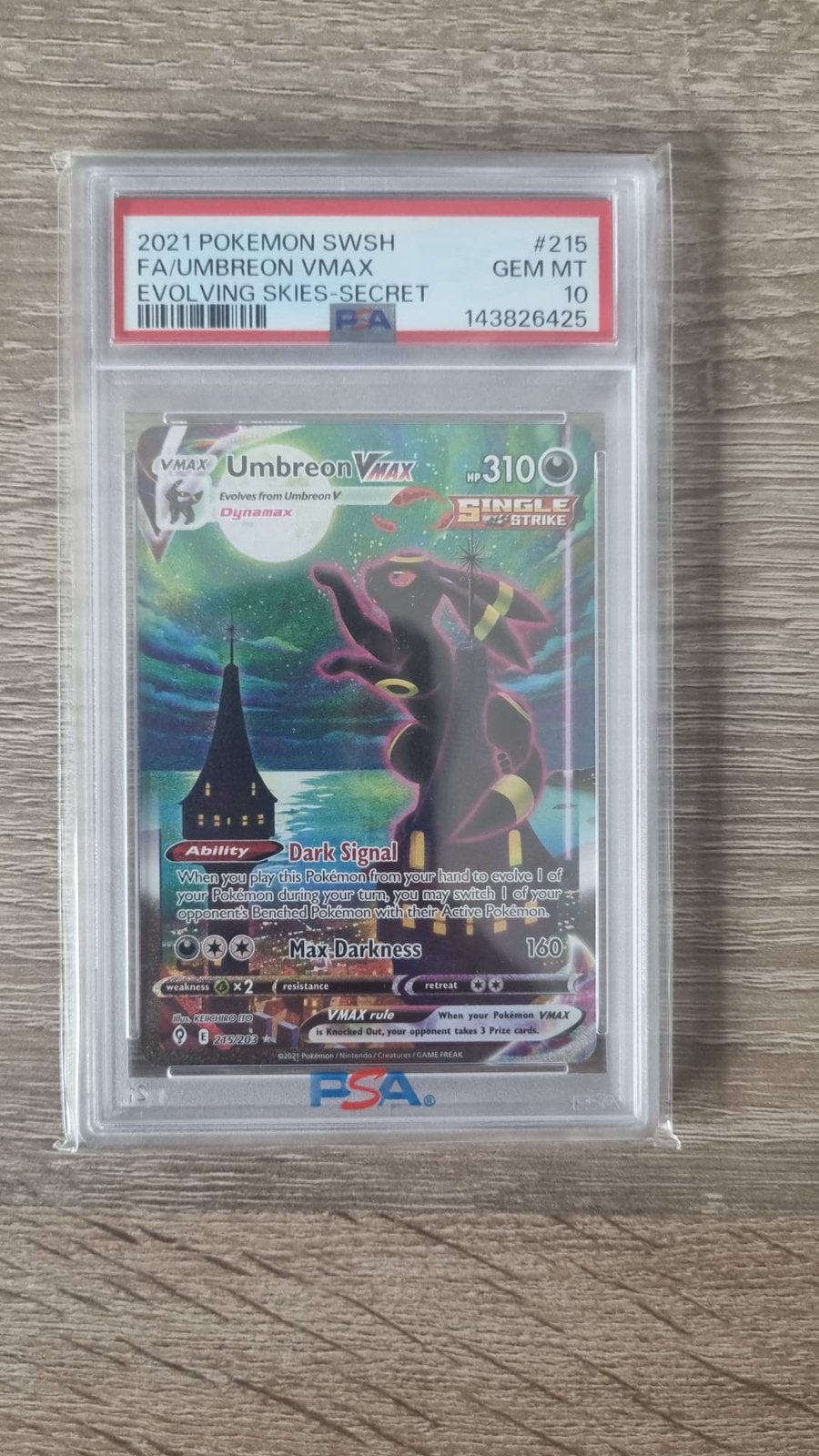 Umbreon VMAX 215/203 PSA 10, Hobby en Vrije tijd, Ophalen of Verzenden, Nieuw, Losse kaart, Foil