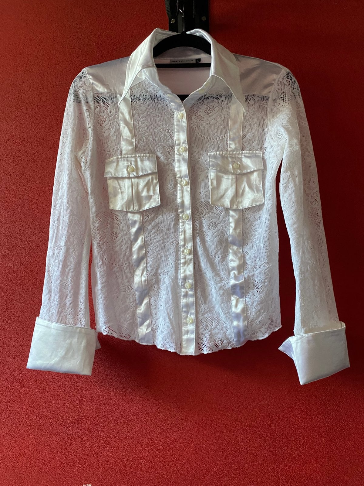 Witte blouse kant met satijn van Watcher maat M. ZGAN, Ophalen of Verzenden, Zo goed als nieuw, Maat 38/40 (M), Wit