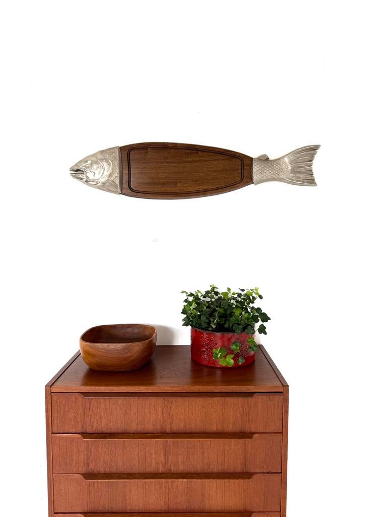 Vintage zalmforel snijplank in teak & zilver ‘60, 22 cm, Handgemaakt, Hout, Vintage