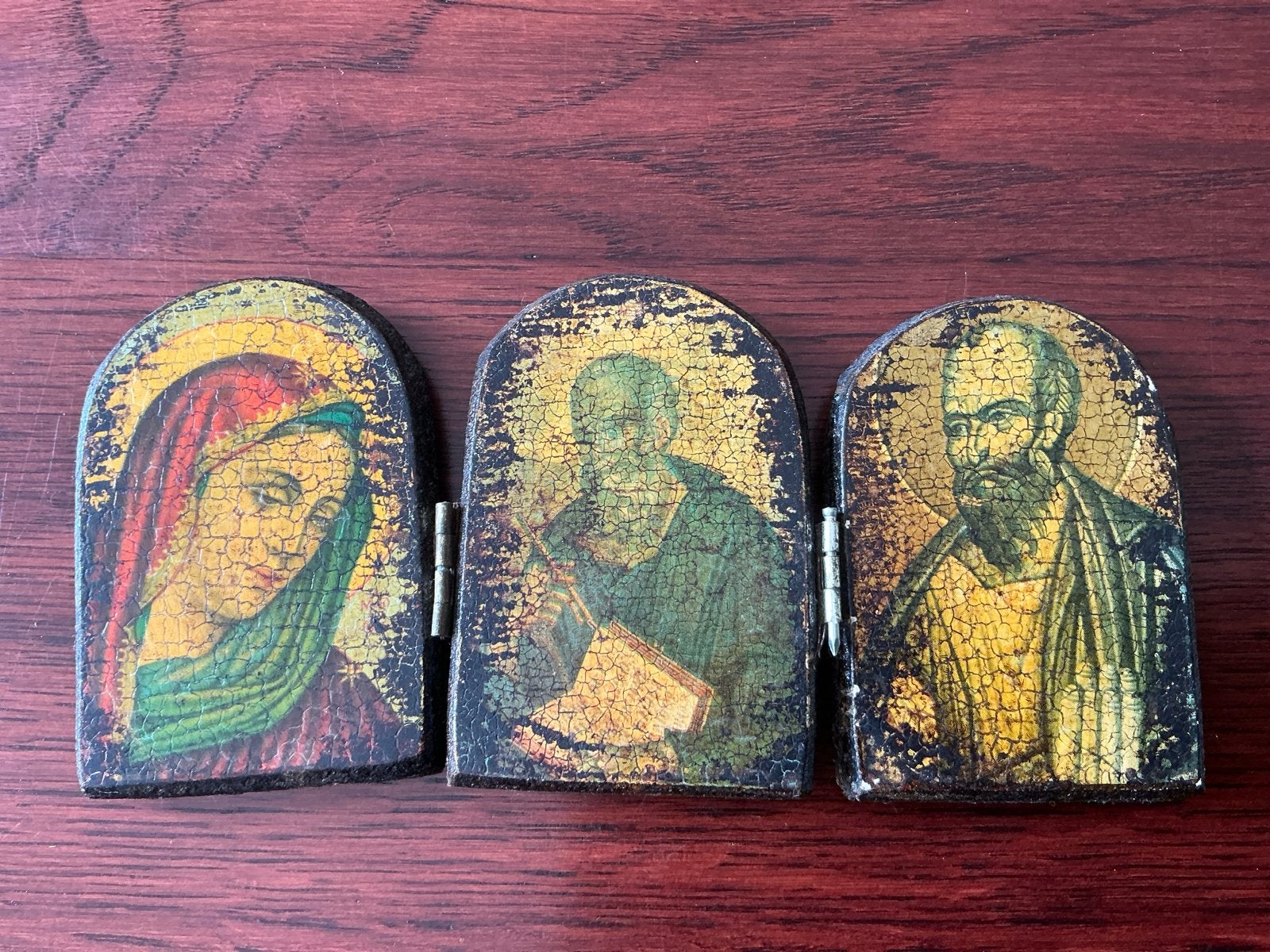 Antieke drieluik icoon met religieuze afbeeldingen, Ophalen of Verzenden
