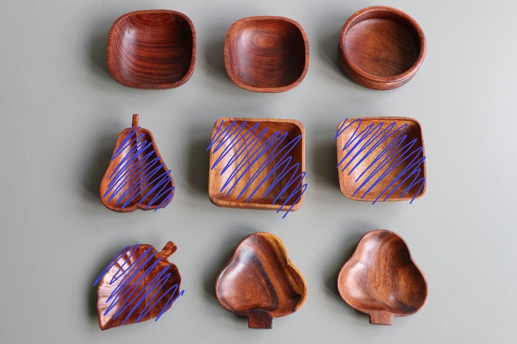 5x houten schaaltjes rond vierkant klaver blad teak bruin, Schaal, Ophalen of Verzenden, Zo goed als nieuw, Overige vormen
