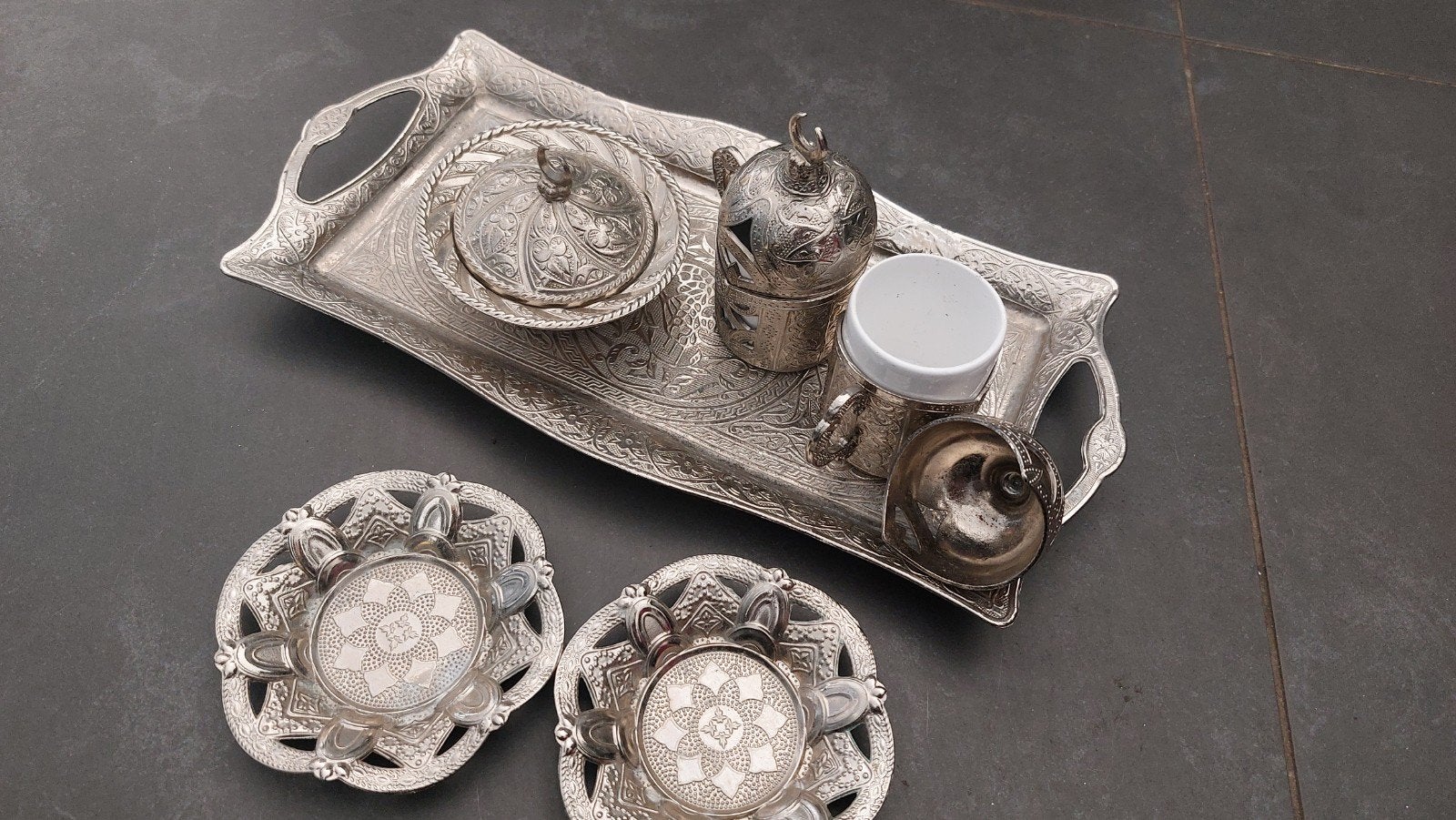 te koop Turkse dienblad, schaaltjes, 2 kopjes, schaaltje dek, Ophalen of Verzenden