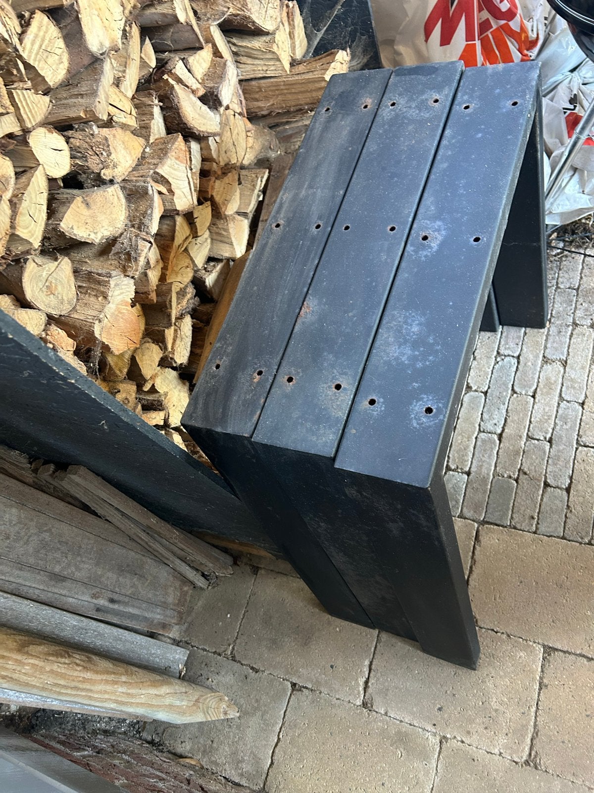 3x Zwarte stalen trapezium tafelpoot, Ophalen, Gebruikt, Rechthoekig, Metaal