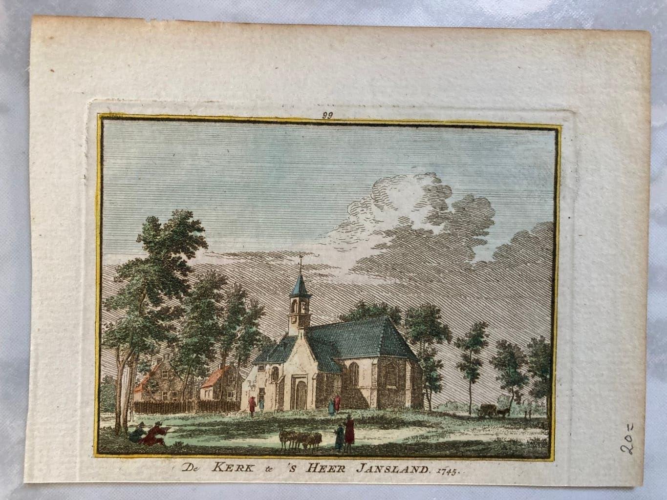 De Kerk te ´s Heer Jansland 1745,  H. Spilman  afm. 10x8 cm., Stadsgezicht, Gesigneerd, Ophalen of Verzenden, 10 cm