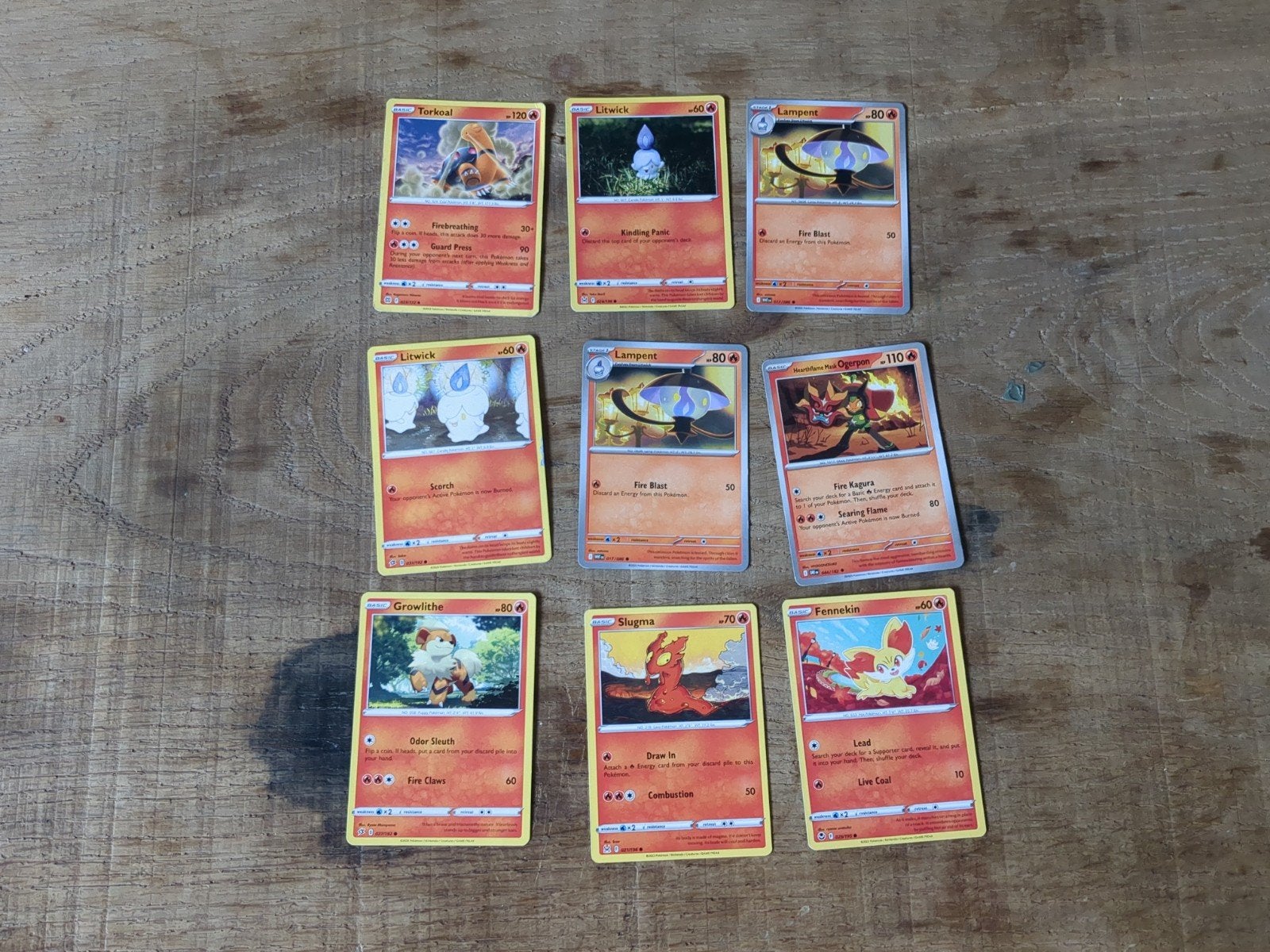 9 Pokémon kaarten - Diverse vuur types, Ophalen of Verzenden, Gebruikt, Meerdere kaarten