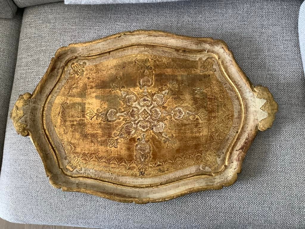 Venetiaans Dienblad - Beige Goudkleurig Hout (40-60 cm), Ophalen of Verzenden, Gebruikt, Ovaal, Hout