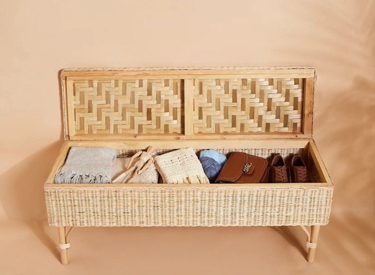 Ikea Rotan bankje met opbergruimte - Zo goed als nieuw, Ophalen, Minder dan 75 cm, Tweepersoons, Riet of Rotan
