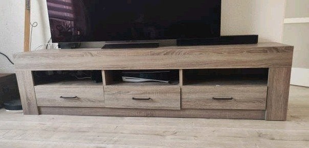 TV-last met 3 lades lades, en 3 open vakken, houtlook., Ophalen, Gebruikt, 200 cm of meer, Minder dan 100 cm