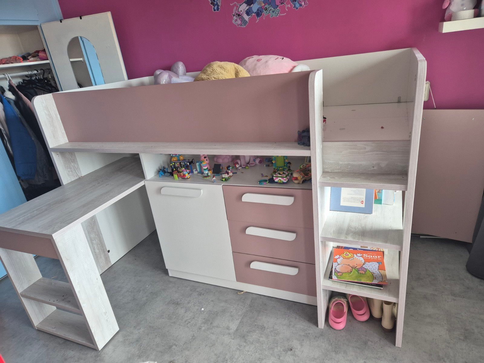 Halfhoogslaper met bureau en opbergruimte - Roze/Wit, Ophalen, 90 cm, Eenpersoons, Zo goed als nieuw