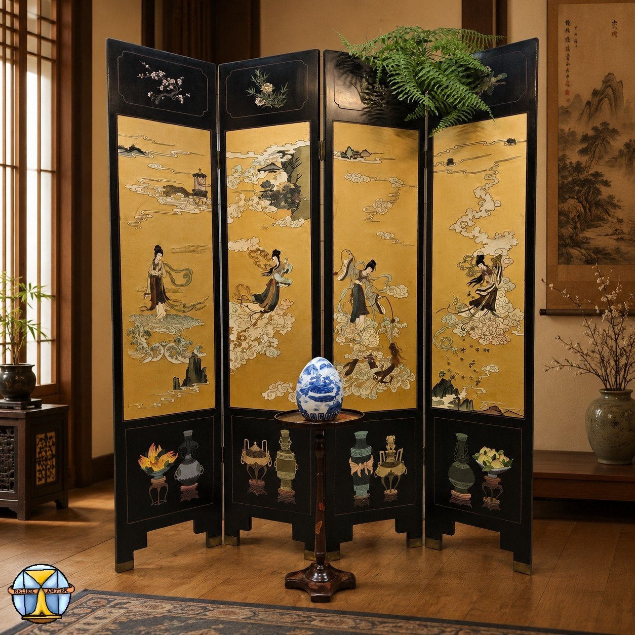 Vintage Chinees Kamerscherm goud/zwart (vrouwen en wolken), Gebruikt, ., Ophalen of Verzenden, .