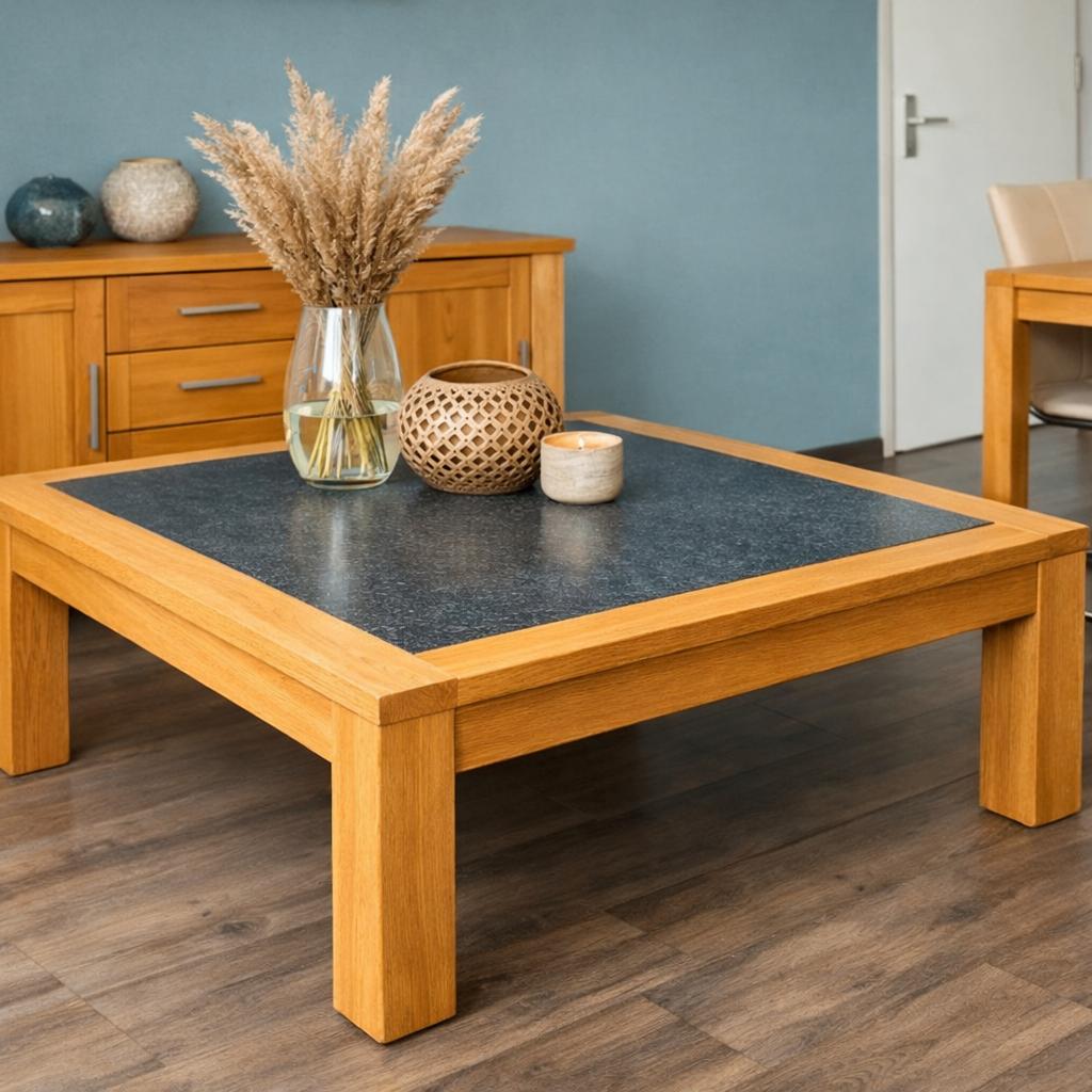 Massief eiken salontafel met natuurstenen blad – 100x100 cm, Ophalen, 100 tot 150 cm, 50 tot 100 cm, Zo goed als nieuw