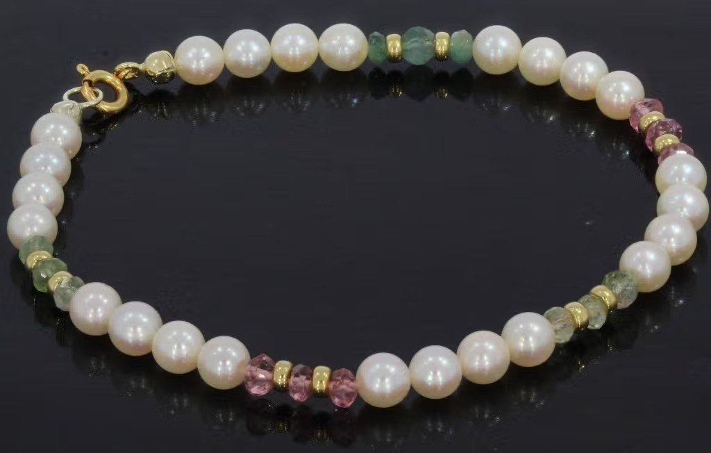 Toermalijn parel edelsteen 14k slot goud armband dame bollen, Voordeelsieraden, Ophalen of Verzenden, Zo goed als nieuw, Postbus 163, 8320 AD Urk