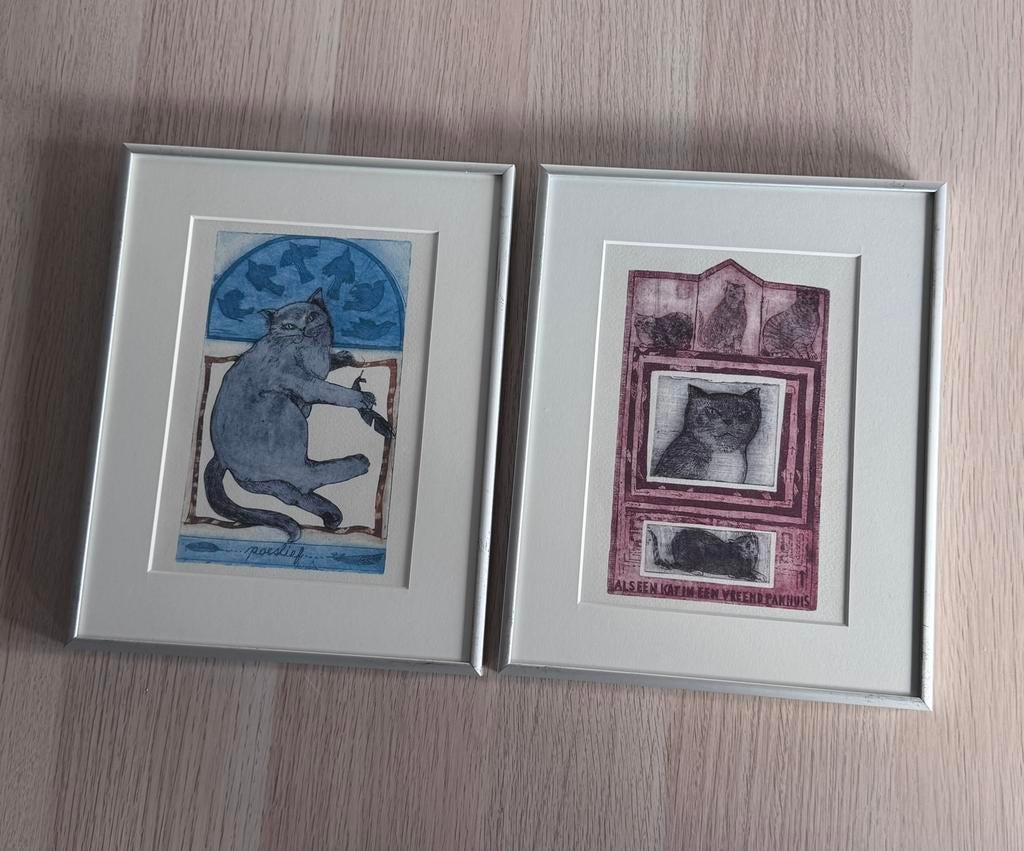 Karin Campfens. Katten afbeelding in lijst met passepartout., Antiek en Kunst, Ophalen of Verzenden