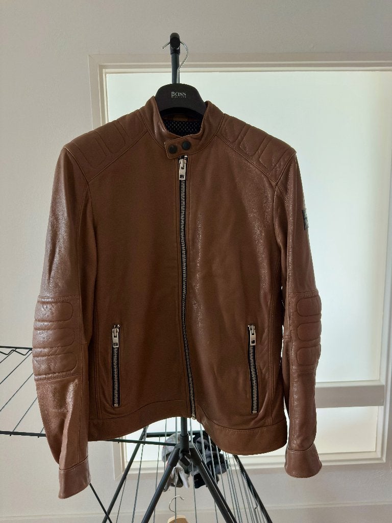 Hugo Boss Leren Jas / Bikerjas - Cognacbruin - Maat 48, Ophalen of Verzenden, Zo goed als nieuw, Boss Orange
